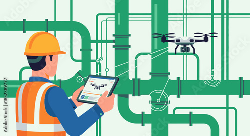 An engineer in safety gear expertly controls a drone with a tablet, performing a detailed inspection of complex industrial green pipelines and infrastructure.