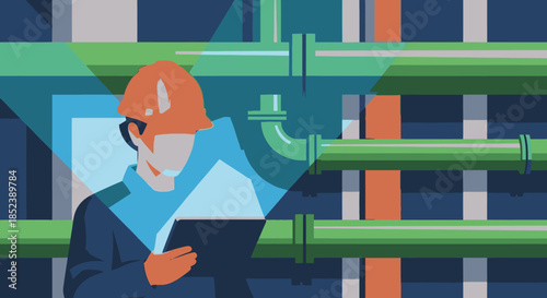 An industrial worker in a hard hat uses a digital tablet to inspect a complex network of green pipes, highlighting modern maintenance and system management.