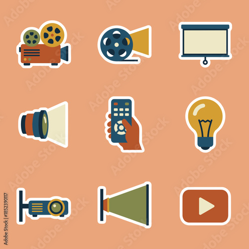 Retro Movie Projector and Cinema Equipment Icons Set with Film Reel Presentation Screen and Video Playback Symbols