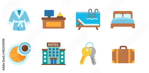 Hotel service and hospitality flat icons featuring bathrobe reception desk swimming pool bed breakfast hotel building and keys