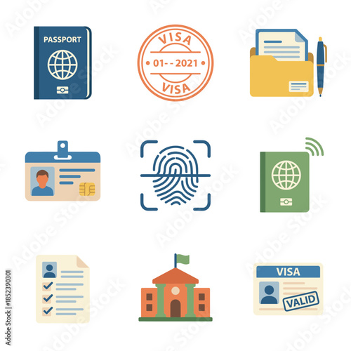 Immigration and visa application process icon set including passport biometric fingerprint and government building