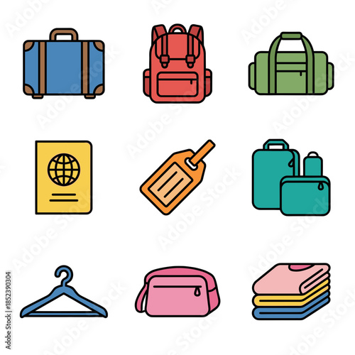 Travel luggage and packing essentials line icon set with suitcase backpack duffel bag garment bag and passport symbols