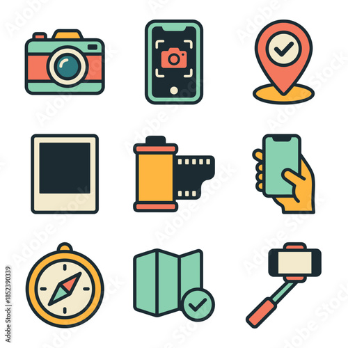 Professional photography and travel camera equipment line icon set with film roll compass map and smartphone camera
