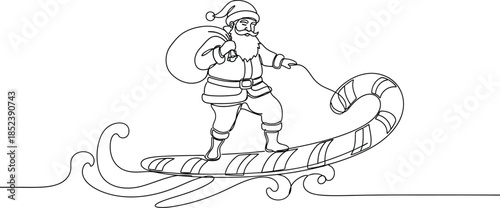 Santa surfing on a candy cane with a sack of toys