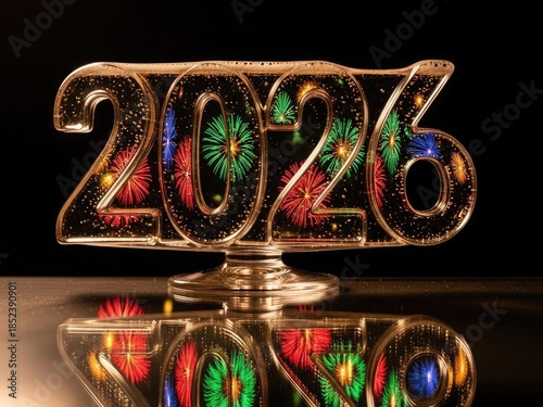 Golden 2026 New Year celebration decoration with colorful fireworks