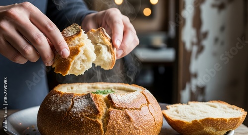 Steaming Clam Chowder in a San Francisco Sourdough Bread Bowl