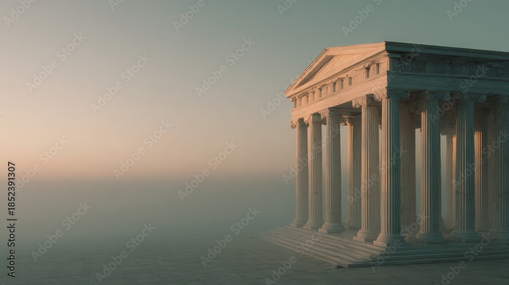Obraz premium Ancient Greek Temple Architecture with Gentle Morning Mist. Blurred background