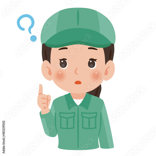 疑問を持つ作業服を着て帽子を被った女性　上半身イラスト／Woman wearing work clothes and a cap with a questioning expression, upper body illustration