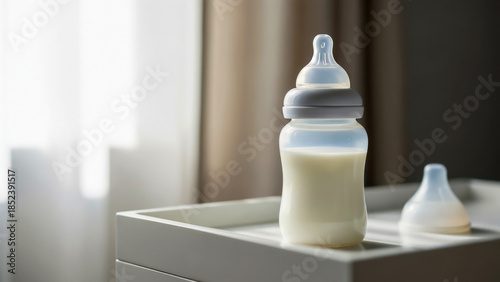 Baby bottle with cap on tray symbolizing routine and comfort