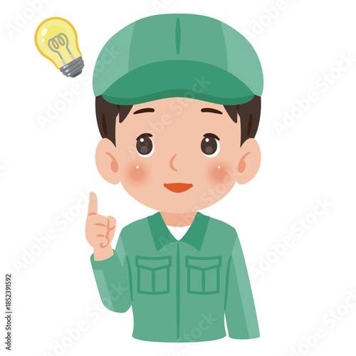 閃く作業服を着て帽子を被った男性　上半身イラスト／Man wearing work clothes and a cap having an idea, upper body illustration