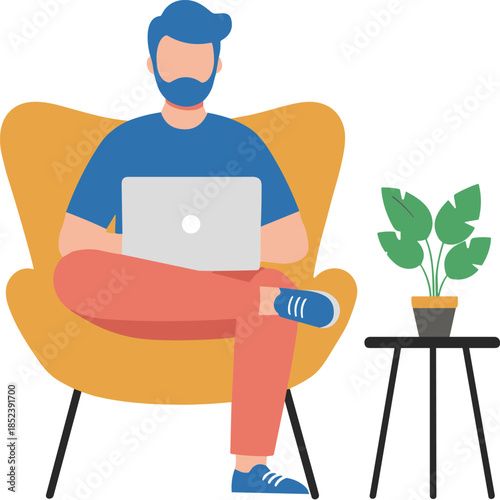 Modern flat vector illustration of a bearded man sitting in a yellow armchair working on a laptop with a side table and houseplant.