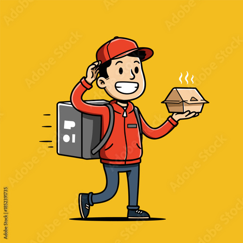 Cartoon man carrying a suitcase and bag as a cheerful worker character illustration
