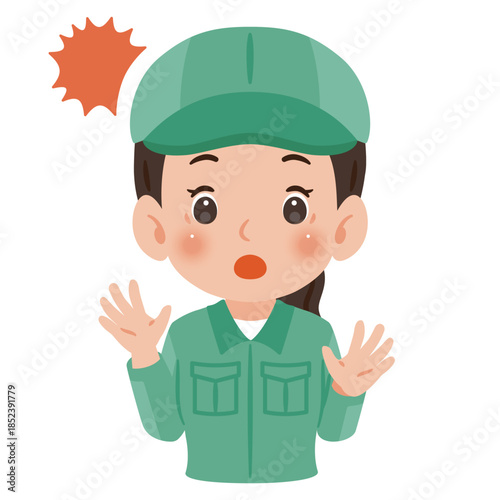 驚く作業服を着て帽子を被った女性　上半身イラスト／Surprised woman wearing work clothes and a cap, upper body illustration