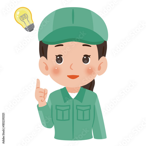 閃く作業服を着て帽子を被った女性　上半身イラスト／Woman wearing work clothes and a cap having an idea, upper body illustration