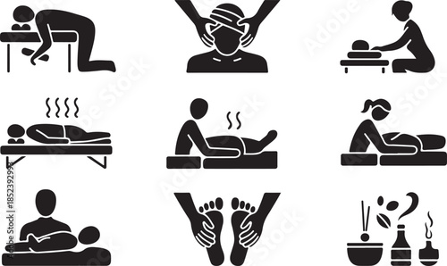 Set of Relaxing Spa and Massage Icons Illustrating Various Wellness Treatments