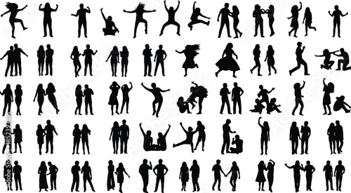 Children and adults silhouette set, playing, dancing, hugging, talking, jumping, sitting, interacting, emotional moments, family connection, vector illustration for education, parenting, lifestyle