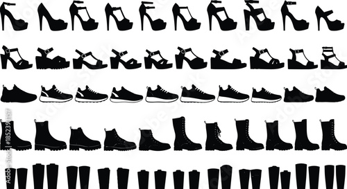 Footwear silhouette collection with high heels, sandals, sneakers, boots, and takeaway coffee cups, black vector icons for fashion, retail, and lifestyle design