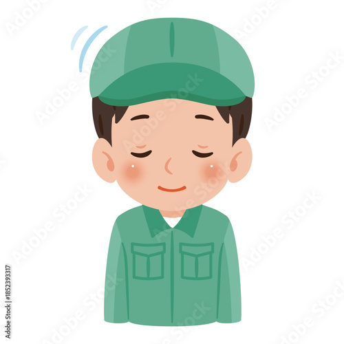 お辞儀する作業服を着て帽子を被った男性　上半身イラスト／Man wearing work clothes and a cap bowing, upper body illustration