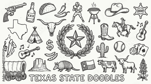 Texas State Doodle Vector Art with Cultural Symbols, Cowboy Icons, Food, Flag, Heritage, and Western Elements in Black and White Hand-Drawn Graphic Illustration