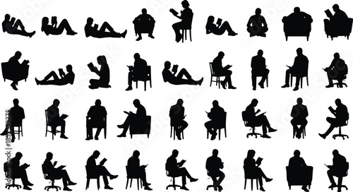 Reading people silhouette set, sitting, reclining, relaxing, holding books, black vector icons for education, library, literature, lifestyle, leisure, posture, hobby, study, design