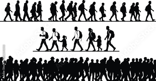 Silhouette people walking in rows, migration crowd, family journey, commuter group, black vector illustration for travel, movement, society, diversity, urban life, stock content, isolated design