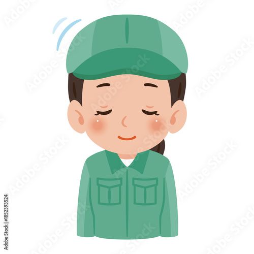 お辞儀する作業服を着て帽子を被った女性　上半身イラスト／Woman wearing work clothes and a cap bowing, upper body illustration