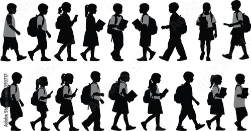 Silhouette vector of school children walking in uniform, carrying backpacks, books, and devices, ideal for education, student life, academic routine, and school-related content