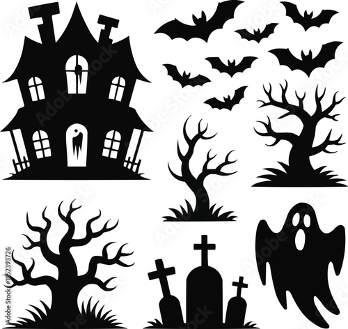 black halloween house, bats, trees, ghost silhouettes clip art preview