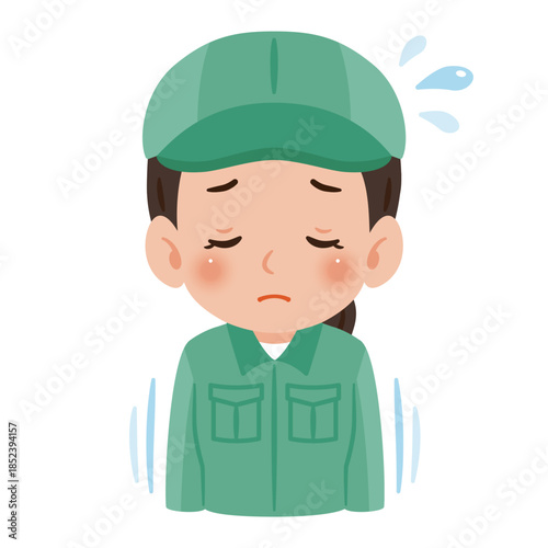 謝罪する作業服を着て帽子を被った女性　上半身イラスト／Woman wearing work clothes and a cap apologizing, upper body illustration