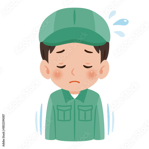 謝罪する作業服を着て帽子を被った男性　上半身イラスト／Man wearing work clothes and a cap apologizing, upper body illustration