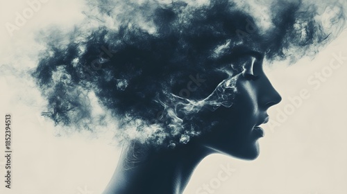 A surreal portrait of a woman with her hair made of clouds, symbolizing a state of tranquility or dreaminess.