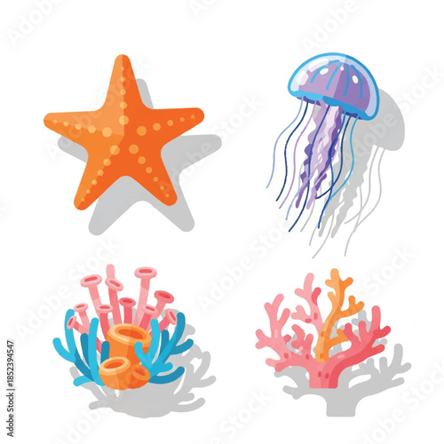 Colorful Sea Creatures and Coral Illustrations Set.