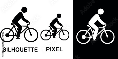 Silhouette & pixel of a cyclist depicted as a vector icon in grayscale