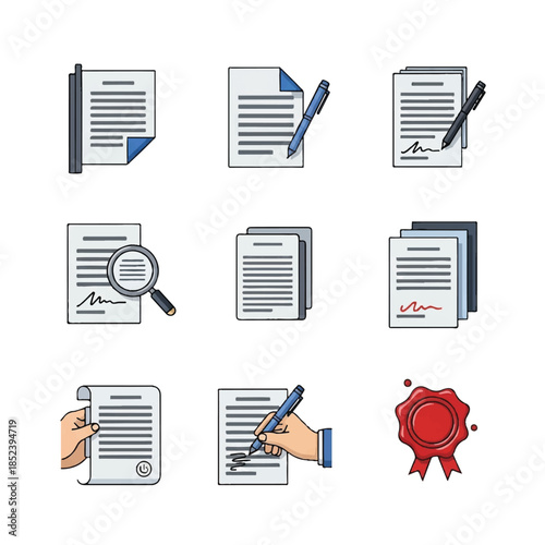 Documents and Signing Process Icons Set.