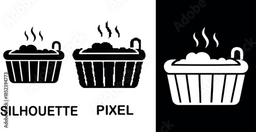 A pixelated silhouette& pixel of a steaming hot tub vector icon design
