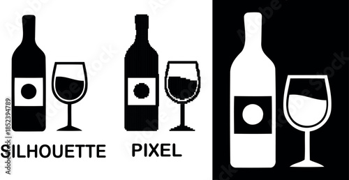 Simple silhouette& pixel of a wine bottle and glass vector icon design