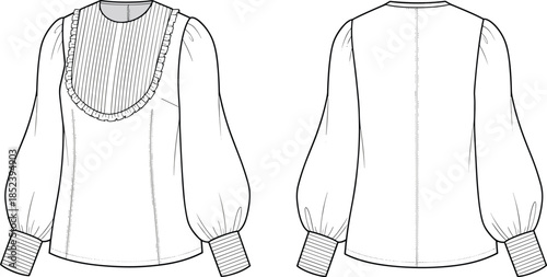 Women pintuck bib blouse technical flat drawing, long sleeve shirt, front back view, cad vector illustration apparel