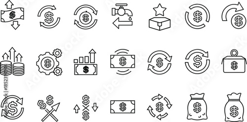 Financial money exchange and currency management line icons set featuring dollar signs, cash flow, and investment growth symbols.
