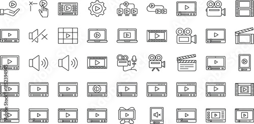 Digital video player and media production line icons set featuring cinema cameras, film reels, clapperboards, and multimedia playback symbols.