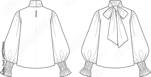 Women pussy bow blouse technical flat drawing, long sleeve shirt, front back view, cad vector illustration apparel fashion design style