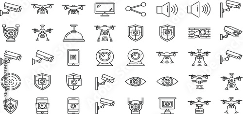 Security and surveillance line icons set featuring drone cameras, cctv monitoring, digital protection shields, and smart home technology vectors.