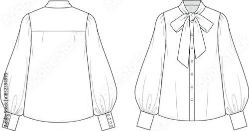 Women bow tie blouse technical flat drawing, long sleeve shirt, front back view fashion top, cad vector illustration