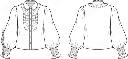 Women ruffled blouse technical flat drawing, long sleeve fashion top, front back view, cad vector illustration apparel design