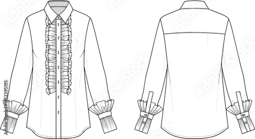 Women ruffle front shirt blouse fashion flat sketch long sleeve cuff detail front back view apparel design cad drawing flat vector illustration