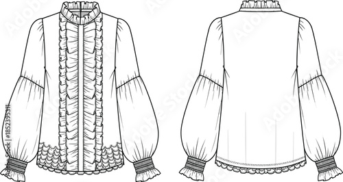 Women ruffle high neck blouse fashion flat sketch long puff sleeve lace hem front back view apparel design cad drawing flat vector illustration