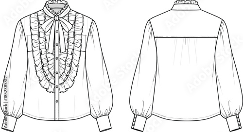 Women ruffle blouse fashion flat sketch long sleeve bow neck front back view apparel design cad drawing flat vector illustration
