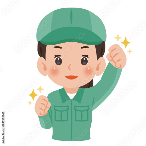 やる気のある作業服を着て帽子を被った女性　上半身イラスト／Motivated woman wearing work clothes and a cap making a fist pump, upper body illustration