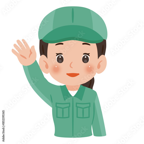 片手を高く上げた作業服を着て帽子を被った女性　上半身イラスト／Woman wearing work clothes and a cap raising one hand high, upper body illustration