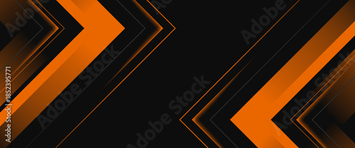 Black abstract wide horizontal banner with orange and gray lines, arrows and angles. Dark modern sporty bright futuristic abstract background. Wide vector illustration EPS10.