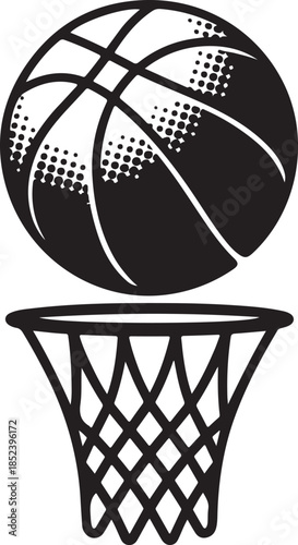 Basketball hoop and ball silhouette illustration with net, sports competition symbol and athletic game concept isolated